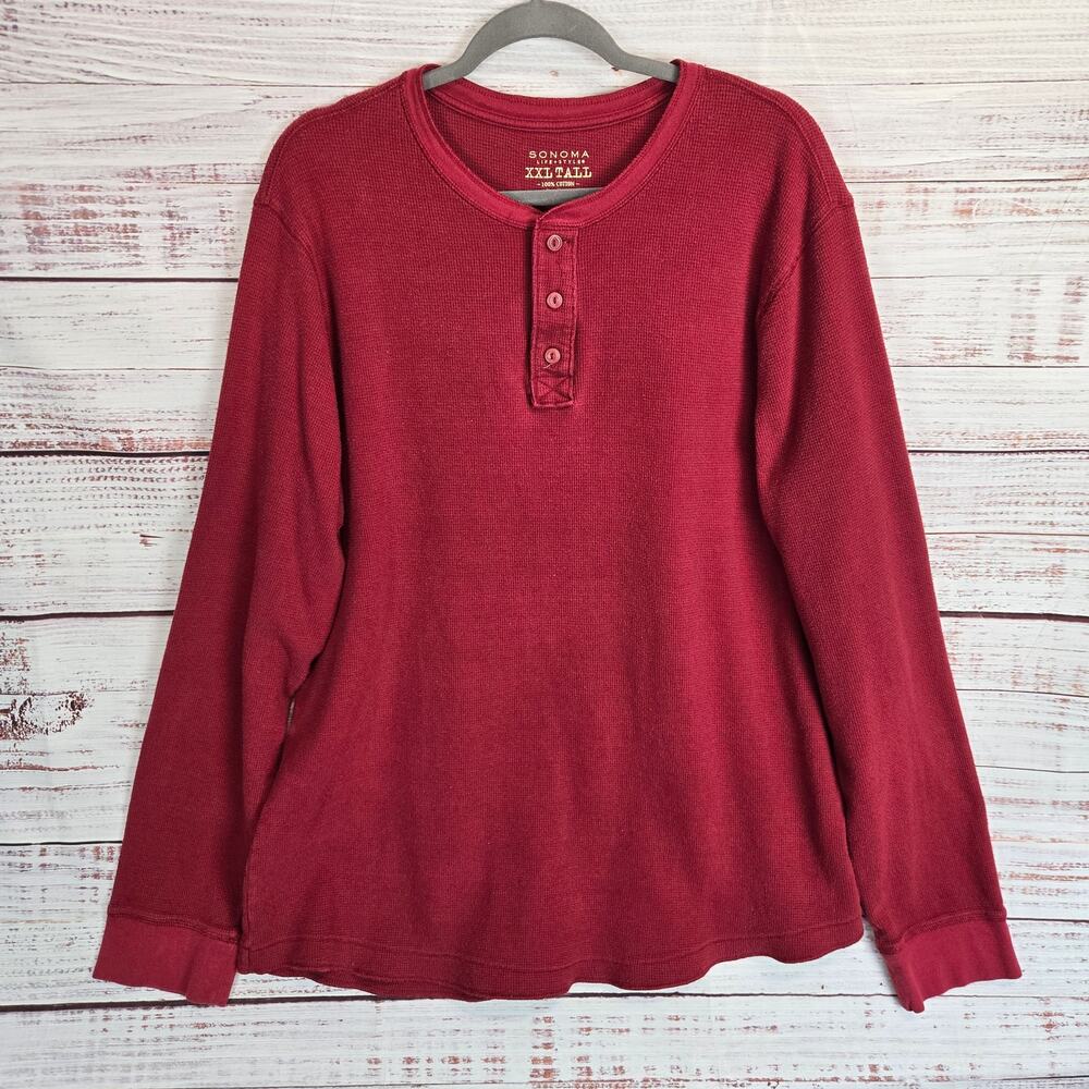 Sonoma Men's Thermal Henley 2XL Burgundy Waffle Knit 3 Button Look and Bundle